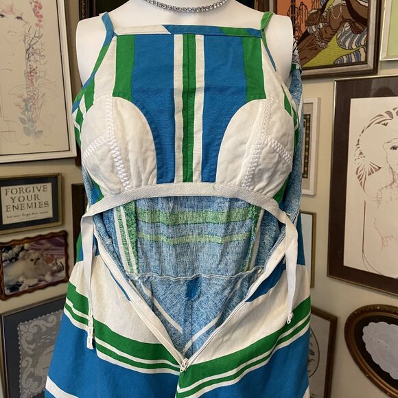 Vintage 1970s Malia Blue & Green Striped Cotton Maxi Dress with Built In Bra S - Picture 6 of 8